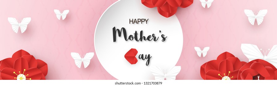 Template design for happy mother's day. Vector illustration in paper cut and craft style. Decoration background with flowers for invitation, cover, banner, advertisement.