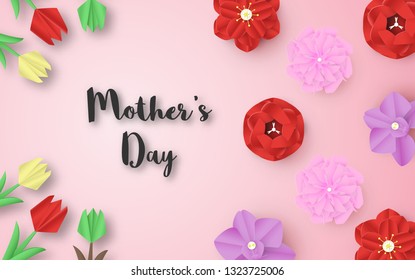 Template design for happy mother's day. Vector illustration in paper cut and craft style. Decoration background with flowers for invitation, cover, banner, advertisement.