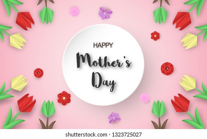 Template design for happy mother's day. Vector illustration in paper cut and craft style. Decoration background with flowers for invitation, cover, banner, advertisement.
