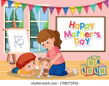 Template design for happy mother's day with mom and children illustration