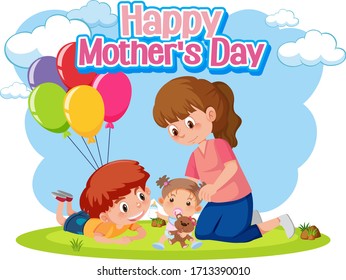 Template design for happy mother's day with mom and kids in the park illustration