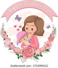 Template design for happy mother's day with mom and baby illustration