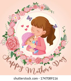Template design for happy mother's day with mom and baby illustration