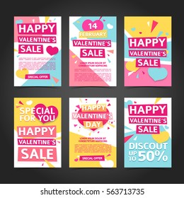 Template design Happy Valentine's day set card. Geometric background with decor heart and particles for happy Valentine's day sale. Romantic promotion brochure and flyer for offer. Vector. 