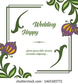 Template design happy wedding, texture green leaf and decoration butterfly. Vector