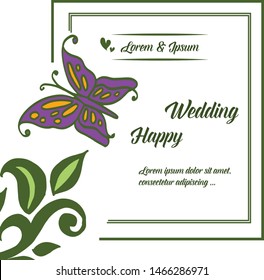 Template design happy wedding, texture green leaf and decoration butterfly. Vector