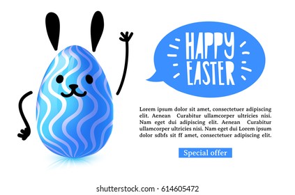 Template design horizontal banner for Happy easter. Invitation for Easter with  cute blue rabbit egg with emotional emoji.  Vector. 