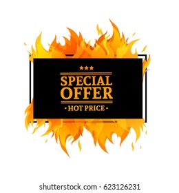 Template design horizontal banner with Special sale. Black rectangular card for hot offer with frame fire graphic. Advertising poster layout with flame border on white background. Vector