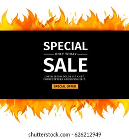 Template design horizontal banner with Special sale. Card for hot offer with frame fire graphic. Invitation layout with flame border on white background. Vector.