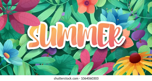 Template design horizontal banner for summer offer. Special season poster advertising with floral frame. Summer logo on flower and leaf background. Vector