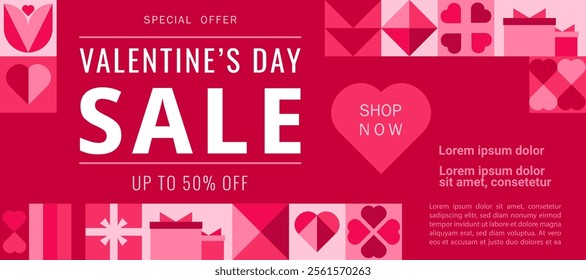 Template design horizontal banner for Valentine's day sale offer. Geometric background with hearts and gifts for happy holiday sale. Romantic promotion card and flyer. Vector.