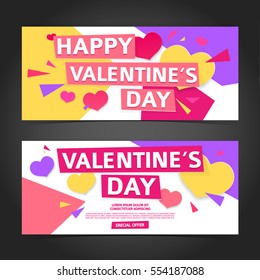 Template design horizontal banner for Valentine's day invitation. Geometric background with decor heart and particles for happy Valentine's day holiday. Place for text. Romantic card and flyer. Vector
