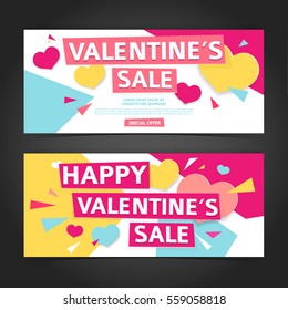 Banner horizontal de diseño de plantilla para la oferta del día de San Valentín. Fondo geométrico con decoración corazón y partículas para la feliz venta del día de San Valentín.  Tarjeta de promoción romántica y volante.Vector.