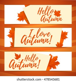 Template Design horizontal banners Hello autumn. Modern posters, stickers I love autumn with decor of autumn maple leaves. Vector.