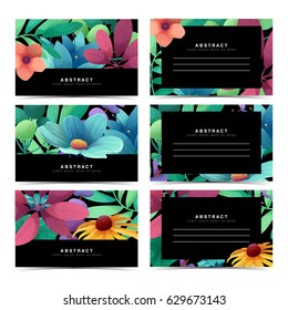 Template design horizontal card set with floral decoration.  Frame with the decor of flowers, leaves. Invitation, postcard, banner with place for text on a black background summer bouquet. Vector. 