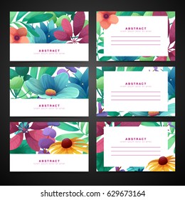 Template design horizontal card set with floral decoration.  Frame with the decor of flowers, leaves. Invitation, postcard, banner with place for text on a white background summer bouquet. Vector. 