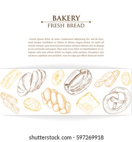 Template design with horizontal ribbon with sketch of bakery (loaf, bun, bread, pretzel, croissant, donut) on white background. Card, badge, banner, poster design with hand drawn food illustration.