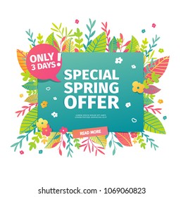 Template design horizontal web banner for spring offer. Advertising poster with a decor of flowers and leaves frame. Badge for the spring sale in a flat style.  Vector.
