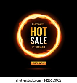 Template design with hot sale. Vector banner for special offer with realistic frame fire graphic. Advertising poster layout with flame border on black background.