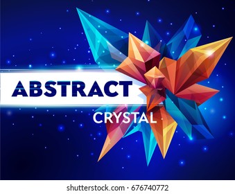 Template for design. Image of a faceted crystal. Glass asteroid in outer space. Abstract geometric figure on a dark blue. Futuristic banner. 3D style illustration. Vector illustration