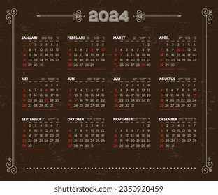 Template design Indonesian vintage calendar 2024 with National Holiday