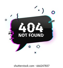 Template design internet banner with glitch effect. Horizontal black bubble layout website page 404 with broken particles. Banner error page with pixel graphic and geometric crash element.  Vector