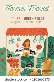 Template design of invitation banner with place for text. Promo poster of organic and eco-friendly farmer market event for vegetarians. Flat textured vertical vector illustration of vegetable shop