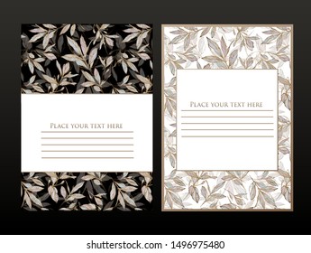 template design of invitation card, poster or banner. graphic leaves on black and white background with golden elements