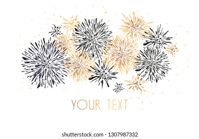 Template design of invitation with gold fireworks. Festive design postcards, invitations, brochures, cover, border. element for design.