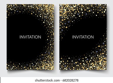 Template design of invitation.Gold glitter on black background