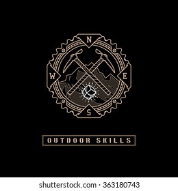 Template design label with gem, mountains, two ice axes and direction of the compass in trendy linear style on black background. Vector illustration.