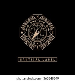 Template design label with rope, globe and compass in trendy linear style on black background. Vector illustration.