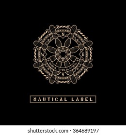 Template design label with rope and steering wheel trendy linear style on black background. Vector illustration.
