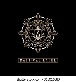 Template design label with rope, steering wheel, anchor and globe in trendy linear style on black background. Vector illustration.