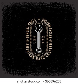 Template design label with spanner and chains in trendy linear style on grunge black background. Vector illustration.