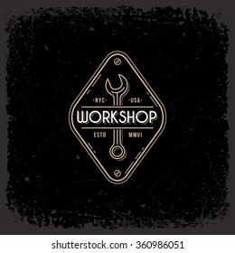 Template design label with spanner in trendy linear style on grunge black background. Vector illustration.