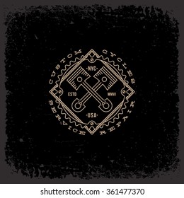 Template design label with two pistons in trendy linear style on grunge black background. Vector illustration.