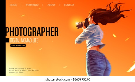 Template design for landing page in vector illustration of the lady photographer is smiling and taking a photo of the beautiful sunset