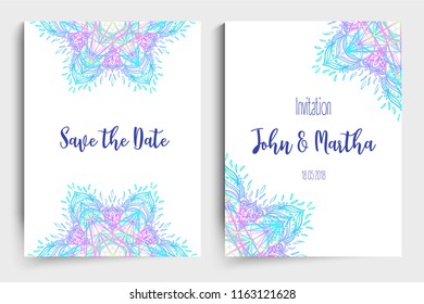 Template design layout for wedding invitation, thank you or save the date cards, baby shower. Colorful vector with mandala or ethnic flower. Ornamental business cards, oriental pattern.

