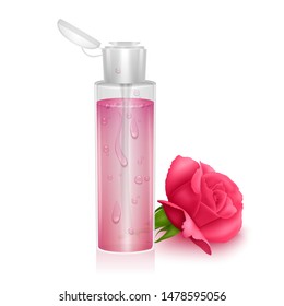 Template for design liquid packaging, design for catalog or magazine. Cosmetic package. Moisturizing toner, micellar water with rose extract Vector EPS 10 format