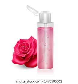 Template for design liquid packaging, design for catalog or magazine. Cosmetic package. Moisturizing toner, micellar water with rose extract Vector EPS 10 format