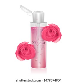 Template for design liquid packaging, design for catalog or magazine. Cosmetic package. Moisturizing toner, micellar water with rose extract Vector EPS 10 format