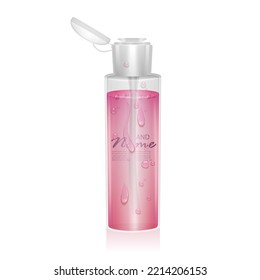 Template for design liquid packaging, design for catalog or magazine. Cosmetic package. Moisturizing toner, micellar water with rose extract Realistic vector illustration