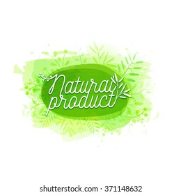 Template design logo, badge, label, banner with plants elements, wreaths and laurels green branches. Organic, bio, ecology, eco natural design template. Watercolor green texture. Vector.