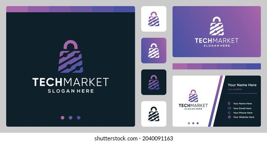 Template Design Logo Shopping-Tasche abstrakt mit Symboltechnologie. Visitenkartendesign.