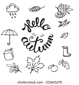 Template design of logo, stamp silhouette Hello, Autumn. Hand drawn and hand lettering. Vector fall design for advertisement, greeting cards and social media content.