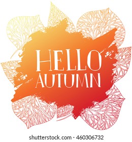 Template design of logo, stamp silhouette Hello, Autumn. Watercolor orange texture. Vector.
