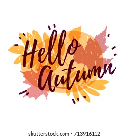Template design of logos, stamps, badges, labels Hello, Autumn. Fall season banner on colored silhouette autumnal herb, maple leaf decoration. Vector