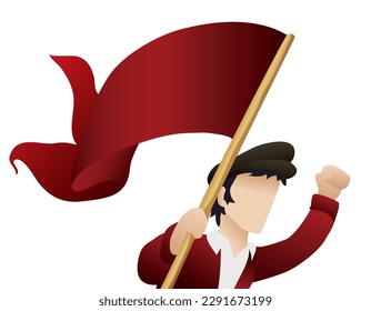 Template design with long fabric held for a faceless man with raised fist in gradient style.