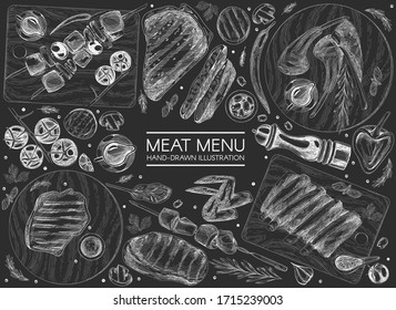 Template design with meat products, barbecue and grill on the chalkboard